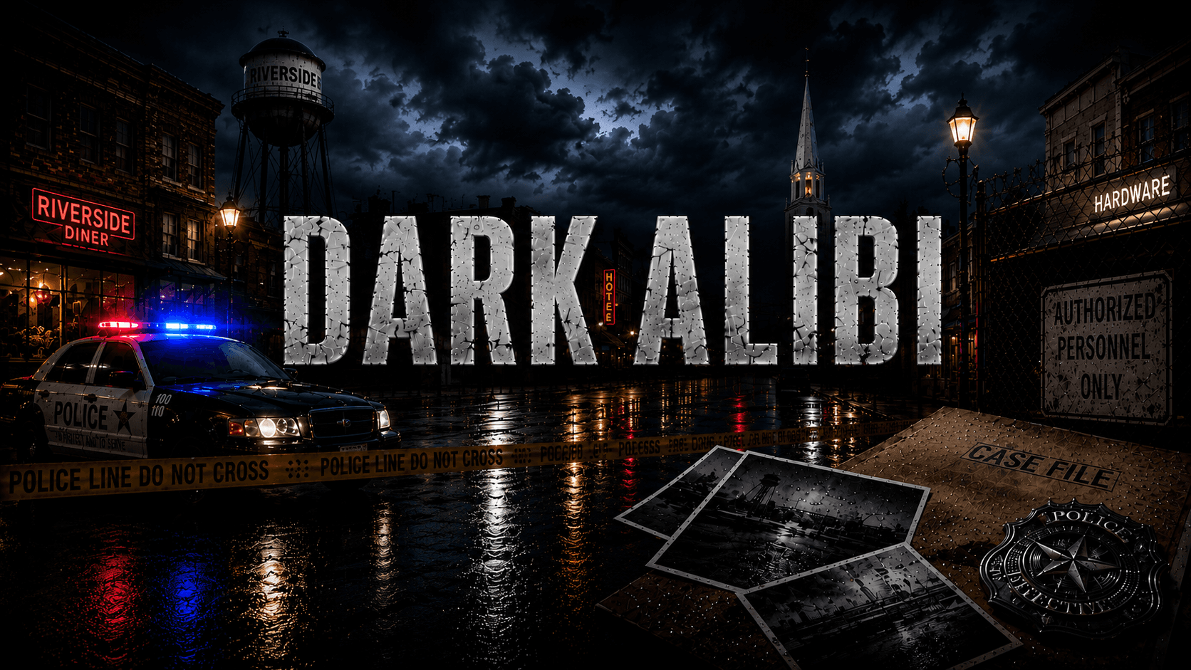 Dark Alibi key art showing a rain-soaked crime scene, a police cruiser, a water tower, and an evidence board