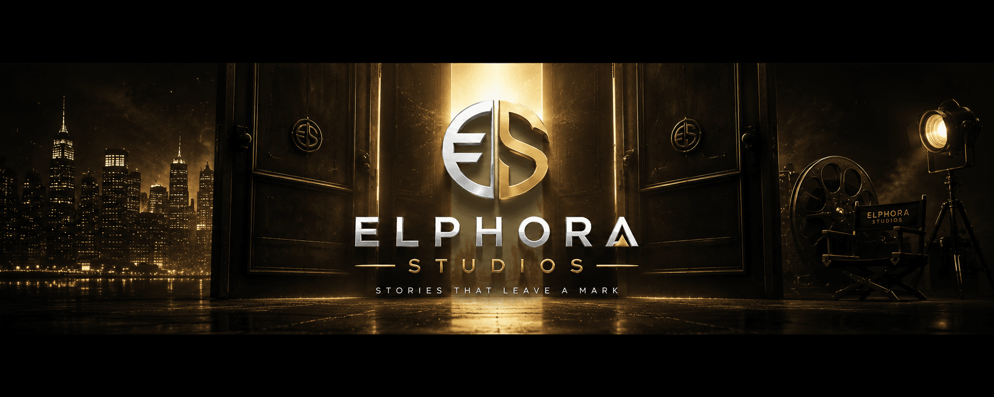Elphora Studios emblem framed by studio doors, a city skyline, and a vintage film camera